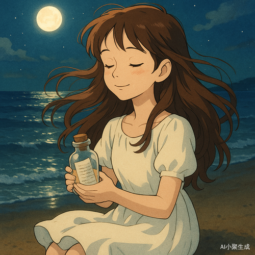 一个美丽的少女,棕色长卷发随夜晚的海风轻轻飘动,几缕发丝柔和地拂过脸颊,黑色瞳孔深邃而温柔,透出沉思与期许的神采。她穿着轻盈的白色连衣裙,衣摆在微风中轻轻摇曳,静静坐在宁静的海滩上,手中轻轻握着一个透明的许愿瓶,瓶中装着一张写满心愿的纸条。远方的海面在月光下闪烁着细碎银辉,海浪温柔地拍打着岸边,空气中弥漫着咸湿的海风与夜的静谧。她轻轻闭上眼睛,嘴角微微上扬,仿佛在悄悄许下愿望。整个画面呈现吉卜力动画风格,色彩细腻温暖,光影交织出梦幻而充满故事感的氛围,如同一场温柔而神秘的夜晚仪式。