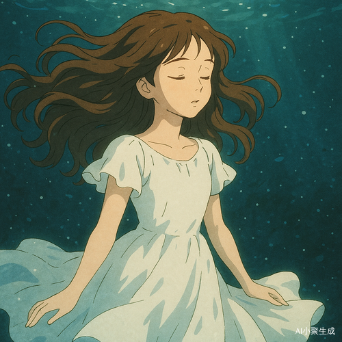 一个美丽的少女,棕色长卷发在水中轻轻飘散,发丝如绸缎般柔顺地随水流浮动。她闭着眼睛,神情宁静而悠远,白色连衣裙轻盈扩散,裙摆随水波缓缓摇曳,仿佛沉浸在另一个梦境般的世界。微弱的光线穿透深邃的水底,洒落在她的面庞与衣角,水中的浮游微粒轻柔地漂浮,整个画面呈现吉卜力动画风格,色彩细腻梦幻,光影交织出宁静而充满故事感的氛围,如同一幅静谧而神秘的诗意画面。