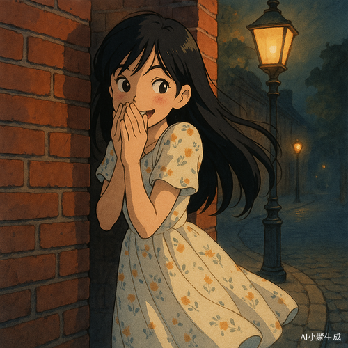 一个美丽的少女,黑色长发柔顺垂落,发梢轻拂肩头,黑眼珠闪烁着调皮光芒。她身穿白色碎花连衣裙,裙摆在夜晚微风中轻轻摇曳。她悄悄躲在街道转角的红砖墙后,双手掩着嘴巴偷偷笑着,神情中透着顽皮和期待,仿佛刚刚完成一场小小的恶作剧。街道昏黄灯光洒落,路边的老式路灯映出她的半个身影。远处传来微弱的脚步声与暮夜车轮滑过石板路的声音。空气中弥漫着晚风的清凉与城市夜色的温柔。整个画面呈现吉卜力动画风格,色彩温润柔和,光影交错,营造出温柔而充满故事感的街角幻想瞬间。
