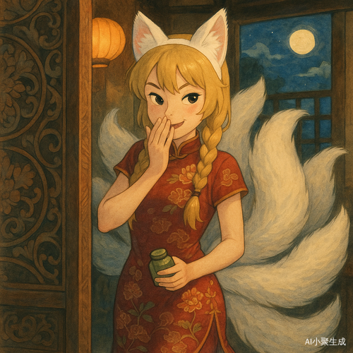 一个美丽的少女,金色长发编成整齐的双麻花辫,头戴一对雪白的狐耳发箍,黑眼珠中闪烁着狡黠的光芒。她身穿修身的酒红色丝绸旗袍,旗袍绣有精致牡丹与祥云纹饰,裙摆微摆,凸显优雅身姿。她悄然躲藏在古色古香的雕花屏风后,一手捂嘴偷笑,另一只手握着一个小巧的芥末罐子,神情充满顽皮。她身后舒展着九条雪白柔顺的狐尾,在灯光下泛着柔光,微微摆动如同舞动的烟雾。客栈室内光影温润,灯笼在夜风中微晃,窗外月色洒入,空气中弥漫着茶香与木香。整个画面呈现吉卜力动画风格,色彩细腻柔和,氛围梦幻又带点调皮感,如同一段灵狐捉弄书生的温柔夜语。