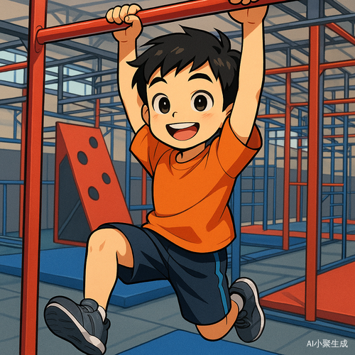 一个中国小男孩，正在运动馆进行跑酷忍者赛道双手拉杠的运动，面带微笑很开心