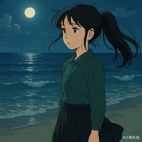 一个美丽的少女,黑色长发束成马尾,额前几缕发丝随夜风轻轻摆动,乌黑眼眸透出温柔与思绪,身着校服,深绿色衬衫映衬出静谧的气质,黑色半裙随风轻微飘扬。她静静站在白天的海滩上,海浪温柔地拍打着岸边,深蓝色的海面在月光下泛起微微银辉,夜风夹杂着海盐的清新气息,四周静谧而梦幻,画面呈现吉卜力动画风格,色彩柔和,线条细腻,整体氛围宁静而富有故事感,如同一场温暖而神秘的童话。