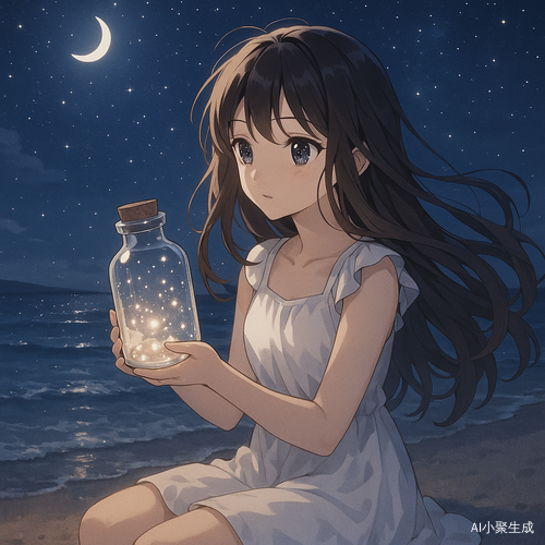 夜晚的海滩上,一位美丽少女静静地坐在沙滩上,手中轻握一个透明的许愿瓶,瓶中微光闪烁,仿佛盛载着她的心愿。她身穿白色连衣裙,棕色长卷发在夜风中飘舞,黑色眼珠映出星空的倒影。海浪轻拍沙岸,远方海面倒映着点点星光与月色,画面梦幻、温柔,散发出宁静而治愈的氛围,整体为日系二次元插画风格,柔和色调、浪漫构图。