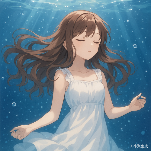 在宁静的水底,一位美丽的少女缓缓沉浮,双眼轻闭,神情安详,身穿洁白的连衣裙,棕色长卷发在水中如丝绸般漂浮。水面透下斑驳月光与星辉,将她的轮廓包裹在柔和光晕中,宛如梦境般宁静而唯美。整体画面为日系二次元风格,色调柔和清澈,呈现治愈系氛围,带有静谧、梦幻与内心平和的情绪。