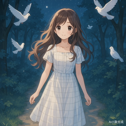 夜晚的林间小径上，一位美丽的少女缓缓前行。她穿着白色格纹连衣裙，棕色长卷发在夜风中轻轻飘动，黑色眼珠闪烁着温柔光芒。周围树林静谧，星光穿过树叶洒在蜿蜒小路上，几只洁白鸽子在空中飞翔或停驻枝头，仿佛守护着这段宁静旅程。整体画面为日系二次元风格，配色柔和，气氛治愈而梦幻，带有一种清新又温馨的童话质感。
