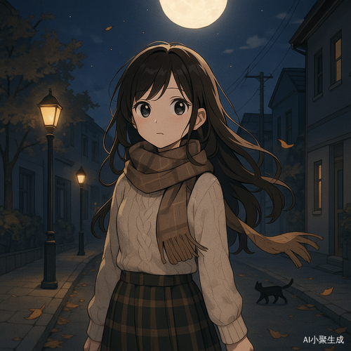 夜晚的街道上，一位美丽的少女独自漫步，身穿温暖的针织上衣与格纹半裙，围巾随微风轻拂，棕色长卷发披散在肩，黑色眼珠反射着街灯与月光的光芒。头顶圆月高悬，周围街道宁静，偶有落叶飘落与猫咪穿过巷口，整幅画面柔和、温馨，充满治愈氛围。整体为日系二次元插画风格，色调沉静柔美，带着冬夜轻寒与内心温暖交织的梦幻感。