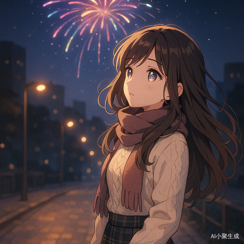 夜晚的街道上,一位美丽的少女独自站在灯光斑驳的人行道上,身穿温暖的针织上装与格纹半裙,围巾围绕颈间,棕色长卷发随夜风轻拂,黑色眼珠中映出天空中绽放的烟花。五彩烟火照亮街道与她温柔的侧脸,四周是宁静的城市夜景与远处模糊的建筑剪影。整幅画面为日系二次元插画风格,治愈系配色,氛围梦幻又温馨,展现出都市夜晚中的温柔孤独与希望之光。