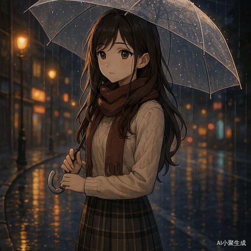 夜晚的雨中街道，一位美丽的少女静静伫立在人行道边，身穿针织上装与格纹半裙，围巾轻绕颈间，棕色长卷发在细雨中微湿贴服，黑色眼珠在昏黄灯光与雨滴反射中闪烁温柔光辉。手中撑着一把透明伞，周围是湿润的街道、倒映霓虹与灯光的积水，整幅画面呈现日系二次元插画风格，治愈系色调，氛围静谧梦幻，带着一丝淡淡的孤独与温暖交织的情感。
