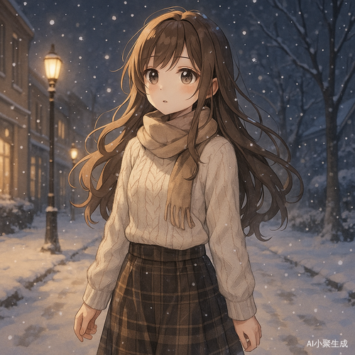 夜晚飘雪的街道上,一位美丽的少女独自漫步在柔和灯光下。她身穿温暖的针织上装与格纹半裙,围巾轻围颈间,棕色长卷发随风轻扬,黑色眼珠中倒映着雪花飘落的光芒。洁白的雪花缓缓落在她的发梢与肩头,脚下街道积雪斑驳,四周建筑与树影被雪色染上梦幻色调,画面静谧唯美,充满治愈气息。整体风格为日系二次元插画,色调柔和温润,氛围安静而温柔。