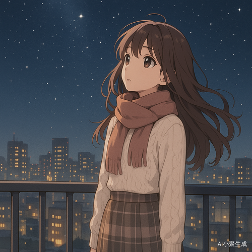 夜晚的城市天台上,一位美丽的少女安静伫立,身穿温暖的针织上装与格纹半裙,脖间围着柔软的围巾,棕色长卷发随夜风微微飘动,黑色眼珠仰望星空,闪烁着温柔的光芒。她身后是灯火斑斓的城市轮廓,天台边缘的栏杆投下淡淡影子,整幅画面散发着静谧、治愈与梦幻气息。整体呈现日系二次元插画风格,配色柔和,情绪温暖而带有孤独的诗意。