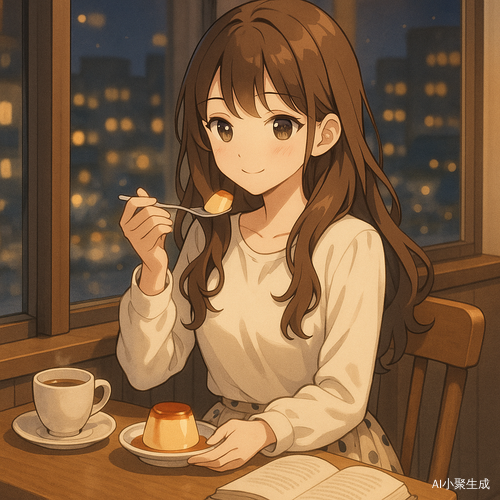 夜晚的咖啡店里,一位美丽的少女坐在窗边座位,身穿白色上装与波点半裙,棕色长卷发柔顺披在肩上,黑色眼珠在暖黄灯光下闪着温柔光芒。她正轻轻舀起一口布丁,嘴角带着浅浅的微笑,神情宁静而幸福。桌上放着热饮与书本,窗外是微微泛光的城市夜色,整幅画面呈现出日系二次元插画风格,色调柔和梦幻,氛围治愈、静谧且充满甜意。