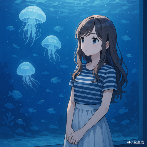 夜晚的水族馆中,一位美丽的少女安静地站在巨大的水族箱前,身穿条纹上衣与白色半裙,棕色长卷发垂落在肩,黑色眼珠在蓝色水光照映下闪烁着柔和光芒。她望着缓缓游动的水母与热带鱼,神情专注而平静,四周是蔚蓝梦幻的光影,水面波纹在墙上轻轻摇曳,营造出静谧、梦幻而温暖的氛围。整幅画面为日系二次元插画风格,配色柔和,治愈气质浓厚。