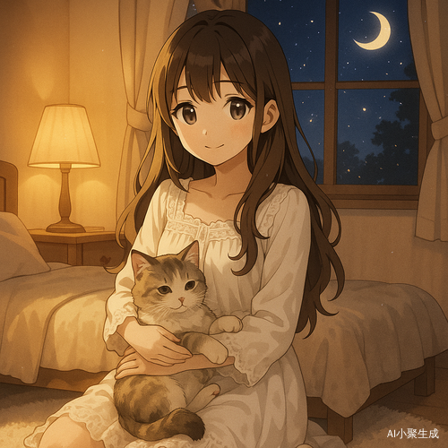 夜晚的卧室中,一位美丽的少女坐在床边或窗边柔软的地毯上,身穿白色蕾丝连衣裙,棕色长卷发垂落肩头,黑色眼珠在昏黄灯光下闪着温柔光芒。她怀中轻轻抱着一只毛茸茸的猫咪,神情宁静,嘴角带着浅浅的微笑。房间布置温馨梦幻,窗外是星光与月色交映,室内则铺满暖光与柔软质感,整个画面呈现日系二次元风格,色调柔和甜美,氛围安静、治愈又略带梦境感。