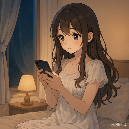 夜晚的卧室里,一位美丽的少女坐在柔软的床上或窗边,身穿白色蕾丝连衣裙,棕色长卷发自然披散,黑色眼珠在手机屏幕光与室内暖黄灯光交映中闪着温柔光芒。她正安静地看着手机,神情专注而柔和。房间布置温馨,窗帘轻垂,床头灯发出柔和光晕,空气中弥漫着静谧与安心的氛围。整幅画面为日系二次元插画风格,色调柔和梦幻,充满治愈与独处疗愈的情绪。