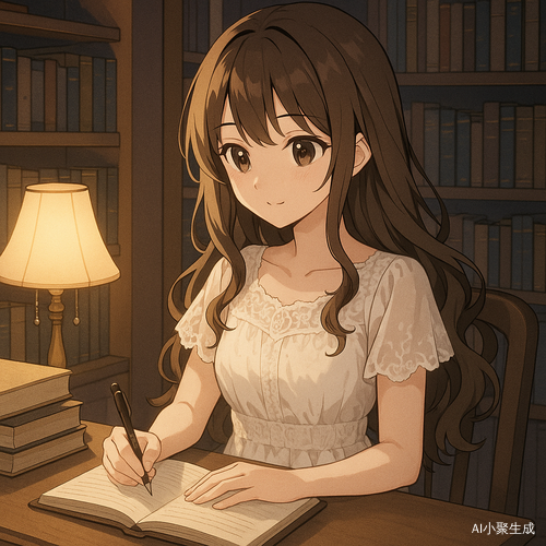 夜晚的书房内,一位美丽的少女安静地坐在书桌前,身穿白色蕾丝连衣裙,棕色长卷发披散在肩,黑色眼珠在柔和灯光映照下闪耀温柔光芒。她正专注地写作,手握笔在日记本上轻轻记录着内心的思绪。四周书架整齐排列,台灯散发出暖黄色柔光,空气中弥漫着纸张与沉思的气息。整个画面为日系二次元插画风格,色调梦幻柔和,氛围宁静、温馨,洋溢着治愈系的独处之美。