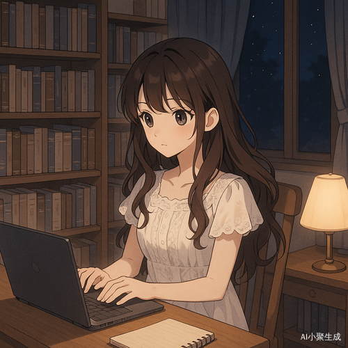 夜晚的书房中,一位美丽的少女坐在木质书桌前,身穿白色蕾丝连衣裙,棕色长卷发披散肩头,黑色眼珠在笔记型电脑的屏幕光与柔和台灯光交织中闪耀着温柔光辉。她正专注地在笔记本电脑上打字,神情安静沉浸,整间书房布置温馨文艺,书架整齐排列,窗帘轻垂,空气中弥漫着纸张与安宁的气息。整幅画面呈现日系二次元插画风格,色调柔和梦幻,氛围静谧、治愈,充满温暖的独处感。