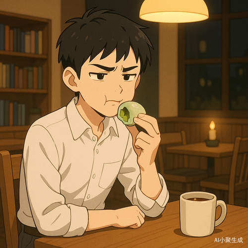 夜晚的咖啡店中，一位英俊的少年坐在木质桌前，身穿白色衬衫与灰色长裤，黑色短发清爽自然，黑眼珠在暖黄色吊灯照耀下泛着光泽。他正咬下一口抹茶大福，眉头皱起、眼神嫌弃，嘴角微撇露出难以掩饰的排斥神情。手中大福软糯，外皮微亮，淡绿馅料在咬痕中若隐若现。咖啡店内布置温馨，木椅、书架、烛光或吊灯营造出静谧治愈氛围。整幅画面为日系二次元插画风格，色调柔和梦幻，画面氛围静谧中带着幽默感与生活气息。