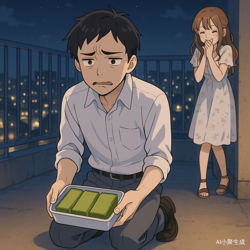 夜晚的天台上,一位英俊的少年身穿白色衬衫与灰色长裤,黑短发清爽自然,黑眼珠中写满崩溃与绝望。他跪倒在天台地面,双膝着地、肩膀微颤,手中摊开的便当盒里,一片翠绿色的抹茶吐司整齐摆放,像一记“味觉暴击”直击灵魂。少年眉头紧锁、嘴角下垂,表情仿佛万念俱灰,一脸无法接受的打击姿态。天台夜风轻拂,他身后是城市灯火交织的夜景,昏黄灯光勾勒出肩膀无力的线条。不远处,一位身穿白色碎花连衣裙的少女正躲在角落偷笑,眼神调皮,气氛轻松幽默。整幅画面为日系二次元插画风格,色调柔和梦幻,氛围治愈中带有青春轻喜剧的张力与反差萌。