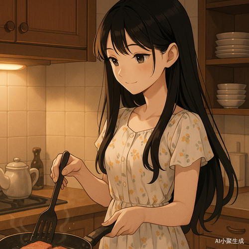 夜晚的厨房里，一位美丽的黑发少女站在灶台前，身穿白色碎花连衣裙，乌黑长发柔顺披散，黑眼珠在柔和灯光映照下闪着温润光芒。她正轻轻翻煎平底锅里的午餐肉，油花微溅，空气中弥漫着咸香与温暖。她神情专注而温柔，嘴角带着淡淡笑意，侧脸宁静恬淡。背景为整洁的厨房环境，有木质橱柜、白瓷餐盘和暖黄色灯光。整幅画面为日系二次元插画风格，色调柔和梦幻，氛围治愈、静谧、充满生活气息。