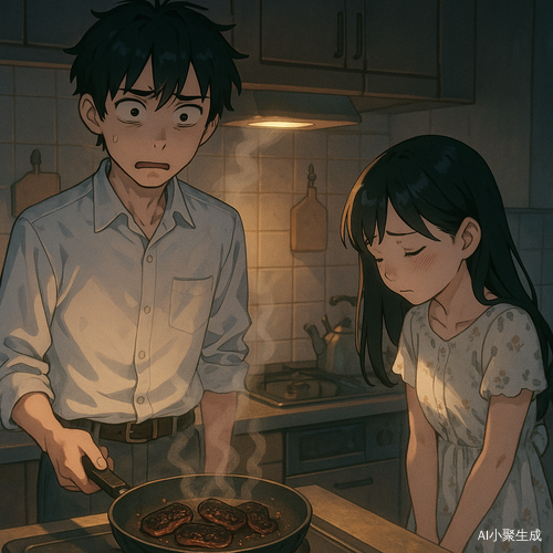 夜晚的厨房中，一位英俊的黑发少年站在灶台前，身穿白色衬衫与灰色长裤，黑短发略显凌乱，黑眼珠映着厨房昏黄灯光，眼神复杂地凝视着锅中的午餐肉。他眉头微皱、嘴角抽动，神情中混合了惊讶、心痛与无法置信。锅里那几片原本美味的午餐肉，此刻已被煎至焦黑卷曲，冒着轻烟、边缘焦化泛光。灶台前，穿白色碎花连衣裙的黑发少女正侧身低头懊恼，神情慌张，嘴角带着“我不是故意的”的歉意。整幅画面为日系二次元插画风格，色调柔和梦幻，氛围治愈中带着日常生活的幽默与真实感。