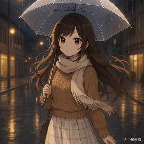 一位美丽的二次元少女，棕色柔顺长卷发，黑色灵动大眼睛，身穿温暖针织上装与白色格纹半裙，围着柔软的围巾，夜晚独自在小雨中的城市街道缓缓前行，手中撑着透明雨伞，细雨轻洒在灯光照亮的街道上，地面泛起微光倒影，少女脸上带着温柔治愈的微笑，发丝与围巾在微风中轻轻飘动，整体画风清新柔和，呈现唯美日系治愈系动漫插画风格