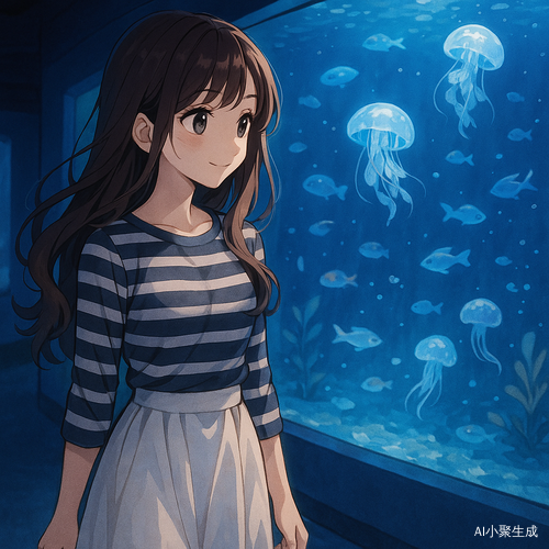 一位美丽的二次元少女，棕色柔顺长卷发，黑色灵动大眼睛，身穿条纹上装与白色半裙，夜晚独自在灯光柔和的水族馆室内缓步而行，她静静注视着蓝光缭绕的巨大水族箱，水母与鱼儿在玻璃背后轻盈漂浮，蓝色光影映照在她的脸颊与发梢，少女露出温柔治愈的微笑，整体画风安静唯美，展现梦幻柔和氛围的日系治愈系动漫插画风格