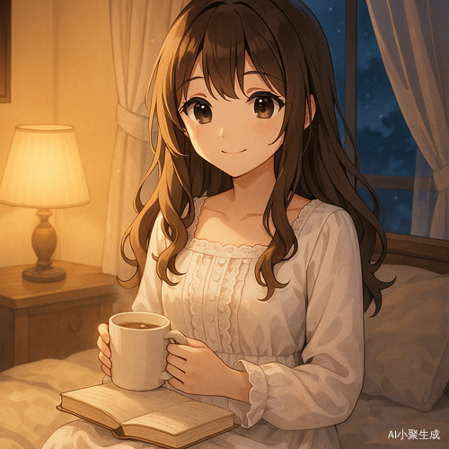 一位美丽的二次元少女，棕色柔顺长卷发，黑色灵动大眼睛，穿着白色蕾丝边连衣裙，夜晚静静坐在温暖灯光下的卧室中，柔软的床铺与纱帘轻拂，少女手中捧着一本书或一杯热饮，脸上露出温柔治愈的微笑，窗外夜色朦胧，房间氛围梦幻宁静，整体画风柔和唯美，呈现日系治愈系动漫插画风格