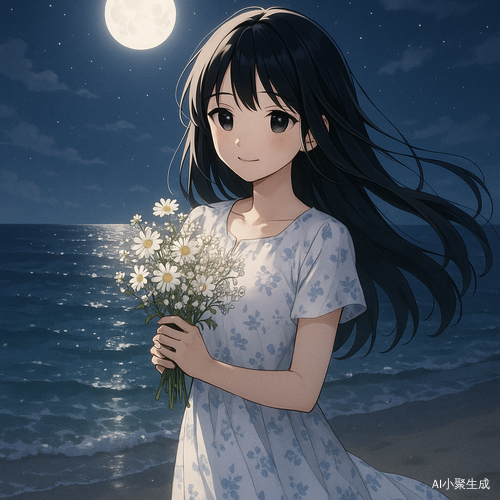 一位美丽的二次元少女，黑色柔顺长发，黑色灵动大眼睛，身穿白色碎花连衣裙，夜晚独自站在宁静海边的沙滩上，双手轻轻捧着一束鲜花（如雏菊或满天星），海风轻拂她的发丝与裙摆，远处波光粼粼，月光洒在海面与她的侧脸上，少女脸上带着温柔治愈的微笑或神情低落而宁静，整体画风柔和梦幻，呈现日系治愈系动漫插画风格