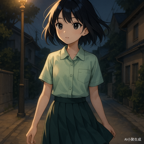 一位美丽的二次元少女，黑色短发，黑色灵动眼眸，身穿浅绿色校服衬衫与深绿色百褶半裙，夜晚独自在安静街道上缓缓行走，路灯洒下柔和暖光，微风轻拂她的发丝与裙摆，背景为静谧的住宅区或老街巷道，空气中弥漫宁静温柔的氛围，少女神情平静温和，整体画风清新柔和，呈现日系治愈系动漫插画风格