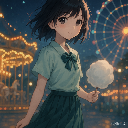 一位美丽的二次元少女，黑色短发，黑色灵动大眼睛，穿着浅绿色校服衬衫与深绿色百褶半裙，夜晚独自在灯光闪烁的游乐园中漫步，彩灯在她身边闪耀，背景是旋转木马或摩天轮缓缓转动，少女脸上带着温柔宁静的神情，手中可能拿着一只绵羊糖或气球，微风轻拂发梢与裙摆，整体画风柔和梦幻，呈现日系治愈系动漫插画风格