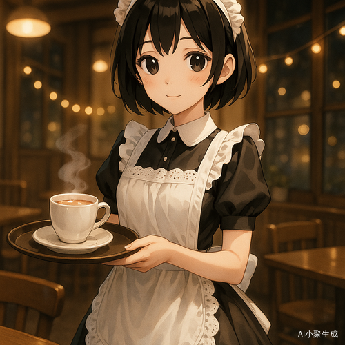 夜晚的咖啡店里，一位美丽的治愈系二次元风格少女正在温柔地服务客人。她拥有干净利落的黑色短发与清澈的黑色眼珠，身穿黑白配色的女仆装，蕾丝围裙精致柔美，裙摆在暖黄灯光下泛着柔和光泽。她手中端着托盘，神情温柔而专注，仿佛正在送上一杯热腾腾的奶茶。咖啡店布置温馨，背景是木质桌椅与柔和灯串，空气中弥漫着咖啡香与夜晚的静谧气息，整个画面梦幻而治愈，仿佛一段都市童话中的温柔服务瞬间。