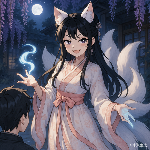 夜晚的紫藤花庭院中，一位美丽的治愈系二次元风格少女正坏笑着对少年施展魔法。她拥有黑色长发，梳着垂髻，发间点缀着精致的发簪与耳饰，头戴白色狐耳发箍，神情俏皮而神秘。她身穿先秦时期风格的曲裾汉服，整体为云白与桃色系，衣袍轻盈飘逸，绣有细腻的祥瑞纹样。她身后展开九条洁白狐尾，在月光与紫藤花影中轻轻摇曳，灵气四溢。她正举手施法，笑容中带着一丝调皮与恶作剧的气息。背景是古朴木屋与垂落的紫藤花，空气中弥漫着夜晚的静谧与花香，整个画面梦幻而治愈，仿佛一段都市童话中的灵狐降临瞬间。