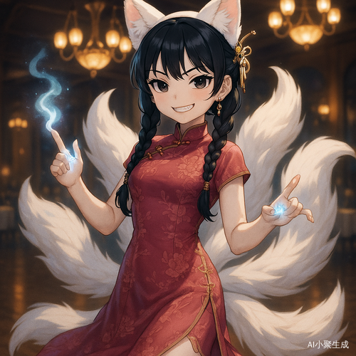 夜晚的舞厅里，一位美丽的治愈系二次元风格少女悄然现身，神情坏笑。她拥有黑色双麻花辫与清澈的黑色眼珠，头戴白色狐耳发箍，发间点缀着精致发簪与耳饰，身穿玫瑰色民国风旗袍，裙摆轻盈飘动，绣有细腻的花纹与金线。她身后展开九条洁白狐尾，在舞厅灯光下轻轻摇曳，灵气四溢。她正举手施法，笑容中带着一丝调皮与恶作剧的气息，仿佛正在为某位少年悄悄变身。背景是复古吊灯与木质地板，空气中弥漫着夜晚的静谧与舞会的浪漫气息，整个画面梦幻而治愈，仿佛一段都市童话中的“狐耳魔法”瞬间。