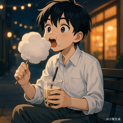 夜晚的街道上，一位英俊的治愈系二次元风格少年坐在路边的长椅上，吃着棉花糖，喝着珍珠奶茶，吃相不雅。他拥有干净利落的黑色短发与清澈的黑色眼珠，身穿白色衬衫与灰色长裤，嘴巴张大，脸颊鼓起，棉花糖黏在嘴角，奶茶杯上的吸管歪斜，神情专注又略显狼狈。背景是灯串微亮的街道与温暖的店铺橱窗，空气中弥漫着甜食香气与夜晚的静谧气息，整个画面梦幻而治愈，仿佛一段都市童话中的“甜食危机”插曲。