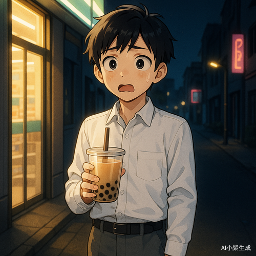 夜晚的街道上,一位英俊的治愈系二次元风格少年站在便利店灯光下,神情惊恐。他拥有干净利落的黑色短发与清澈的黑色眼珠,身穿白色衬衫与灰色长裤,手中握着一杯珍珠奶茶,杯壁泛着柔和光泽。他刚刚发现自己点的无糖奶茶被换成了全糖,睁大双眼,嘴角微张,神情慌张又可爱。街道两旁是安静的建筑与霓虹灯影,空气中弥漫着甜甜的奶茶香与夜晚的静谧气息,整个画面梦幻而治愈,仿佛一段都市童话中的甜系插曲。