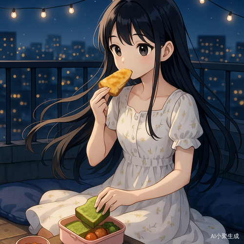 夜晚的天台上,一位美丽的治愈系二次元风格少女坐在铺着软垫的角落,身旁摆着便当盒与食材。她拥有柔顺的黑色长发与清澈的黑色眼珠,身穿白色碎花连衣裙,裙摆在夜风中轻轻飘动。她一边吃着热腾腾的蛋饼,一边将抹茶吐司小心地塞进便当盒中,神情专注而温柔。天台上灯串微亮,远处城市灯火点点,空气中弥漫着夜晚的静谧与食物的香气,整个画面梦幻而治愈,仿佛一段都市童话中的温柔便当时光。
