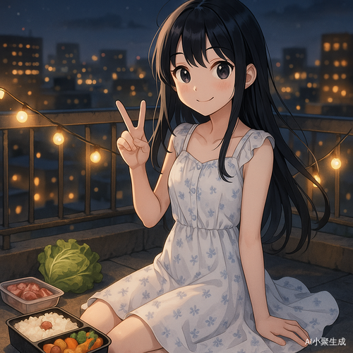 夜晚的天台上，一位美丽的治愈系二次元风格少女坐在灯串微亮的角落，身旁摆着便当盒与食材。她拥有柔顺的黑色长发与清澈的黑色眼珠，身穿白色碎花连衣裙，裙摆在夜风中轻轻飘动。她神情俏皮，嘴角微扬，正对着镜头比出一个‘耶✌️’的手势，眼神中透着调皮与满足。背景是远处城市灯火与温暖灯光，空气中弥漫着食物香气与夜晚的静谧气息，整个画面梦幻而治愈，仿佛一段都市童话中的温柔庆祝瞬间。