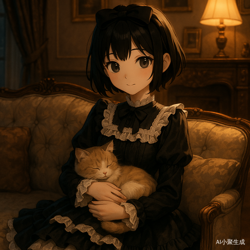 夜晚的欧式古典沙龙风格客厅里,一位美丽的治愈系二次元风格少女静静坐在柔软的沙发上,怀中轻轻抱着一只毛茸茸的猫咪。她拥有黑色短发,头戴蝴蝶结发箍,黑色眼珠清澈深邃,身穿洛可可风格的蕾丝边连衣裙,裙摆层层叠叠,蕾丝与缎带交织出华丽光泽。她神情温柔,嘴角轻抿,猫咪在她怀中安静蜷缩,画面充满宁静与温暖。客厅布置典雅,背景是复古沙发、雕花壁炉与暖黄灯光,空气中弥漫着夜晚的静谧与香氛气息,整个画面梦幻而治愈,仿佛一段都市童话中的“猫咪陪伴之夜”插曲。