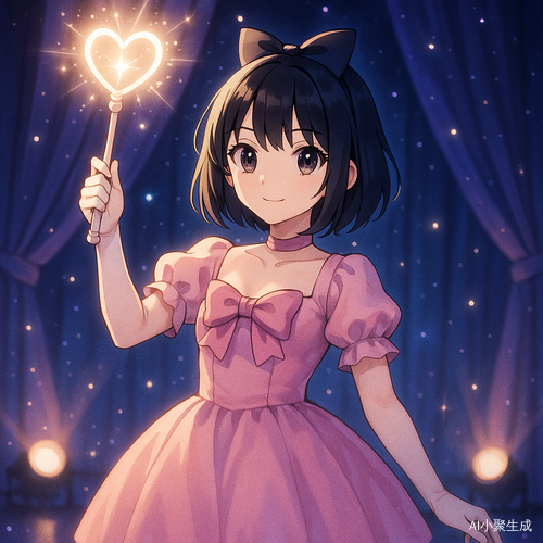 夜晚的室内舞台上,一位美丽的治愈系二次元风格少女闪耀登场。她拥有黑色短发,头戴蝴蝶结发箍,黑色眼珠清澈深邃,身穿粉色蓬蓬裙的魔法少女装扮,裙摆在灯光下泛着柔和光泽。她手中高举一根闪着光芒的爱心魔法棒,神情坚定而温柔,仿佛正在施展治愈魔法。舞台灯光梦幻绚丽,背景是星光点点与柔和帷幕,空气中弥漫着魔法气息与夜晚的静谧,整个画面梦幻而治愈,仿佛一段都市童话中的奇迹瞬间。