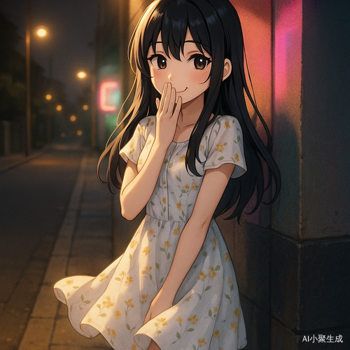 一个黑长发黑瞳的二次元少女,头发自然垂落,身穿白色碎花连衣裙,裙摆随夜风轻摆,躲在夜晚街道的转角处轻捂嘴唇偷笑,眼神灵动俏皮,似乎刚完成一场甜蜜捉弄,街道灯光柔和洒落,她藏身的转角映着温柔霓虹光影,空气中残留奶茶香与一丝蜂蜜气息,画面呈现都市轻幻想治愈系二次元插画风,融合俏皮气质与梦幻感