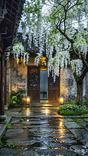 江南老宅，雨后，傍晚，院子里有微弱的灯光，潮湿的青石板地面，院子里的一树流苏如雪，香飘十里醉人心，泡壶茶，过花草为伴的烟火生活！