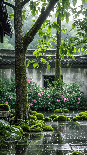 雨后，古庭院里有很多花草树木。