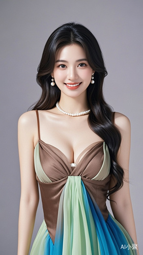 A beautiful woman with fair skin and long hair in a brown and blue gradient color, wearing an elegant skirt and pearl earrings. The photograph is a half-body shot against a solid background, with the subject smiling and wearing light makeup. She is wearing a light green dress, and the image is of high definition quality.口红，真人出镜风格，胸部优化，全身