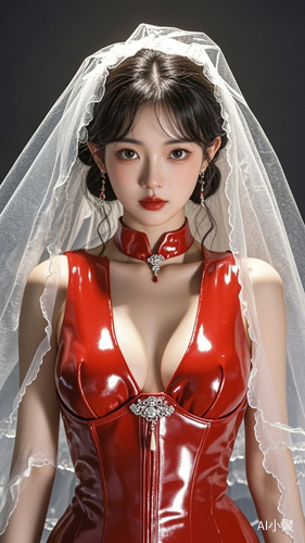 Gorgeous Chinese beauty in a red latex suit, wearing a wedding dress and veil on her head. Inspired by anime aesthetics, this high-definition photography showcases the subject's full body in a stunning, high-quality style reminiscent of ancient Chinese art. ar 67:120，胸部优化，全身，超高清，真人直播出镜风格，第三人称零距离接触视角