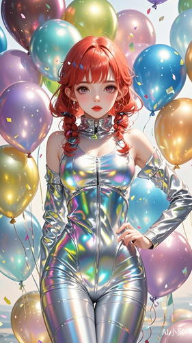 A little girl with red hair and bangs, holding two adult women in shiny silver bodysuits surrounded by colorful balloons, in the style of anime. ar 67:120，胸部优化，全身，超高清，真人直播出镜风格，第三人称零距离接触视角，口红