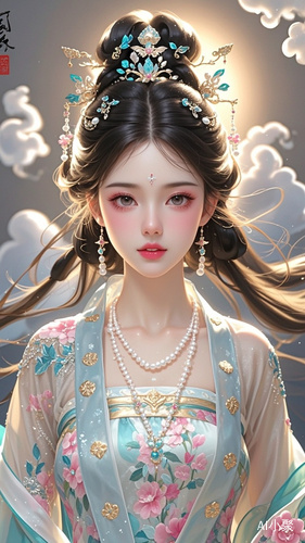 唯美风，彩铅描绘。古装美女，绝色美女，倾国倾城，华丽的头饰，光影。脸部着重描绘，珍珠粉底，眼影，粉色唇影，嘴唇描绘出高光。瞳孔描绘出水灵灵的感觉，明艳的色彩在高光照射下，光彩夺目，飞扬的发丝与光线投影睫毛精致。鹅蛋形脸形。明暗过渡柔和衣服是半透丝调，美丽的抽象描花，浅丝金线，丝绸质感，隐隐透现的肌肤。背景淡淡的云烟，灯光照明度恰到好处。3维立体，景深，4K，高分辨率，故事情节，氛围感，CG，背景美丽的江南小镇，胸部优化，全身，超高清，真人直播出镜风格，第三人称零距离接触视角，诱人的口红