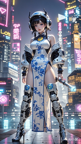 Cyberpunk Blue-and-White Porcelain Mecha: A female mecha pilot adorned in a traditional Chinese blue-and-white porcelain patterned cheongsam, with a high slit revealing her mechanical legs, set against a cyberpunk cityscape.[^0^]