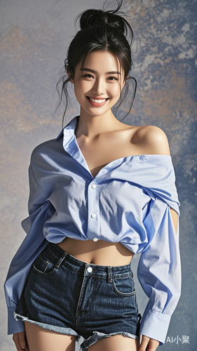 描述词:1girl, upper body, off shoulder fashionable shirt, sweet smile, perfect body proportion, a... #通用FLX #人像摄影:0.8