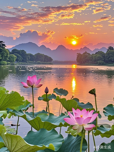 宁静美丽的夏日傍晚湖畔风景