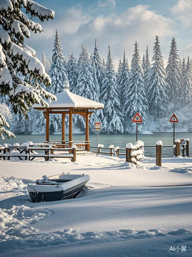 this picture depicts a serene and beautiful winter snow scene. the main elements include snow-covered trees, ground, buildings, fences, boats, and other facilities. trees: most of the trees are covered with heavy snow, and the branches are covered with white snowflakes, which appear white and heavy. ground: the ground is covered with a heavy layer of snow, which looks flat and smooth. buildings: there is a small pavilion or building in the distance, and the roof is also covered with snow, blending in with t